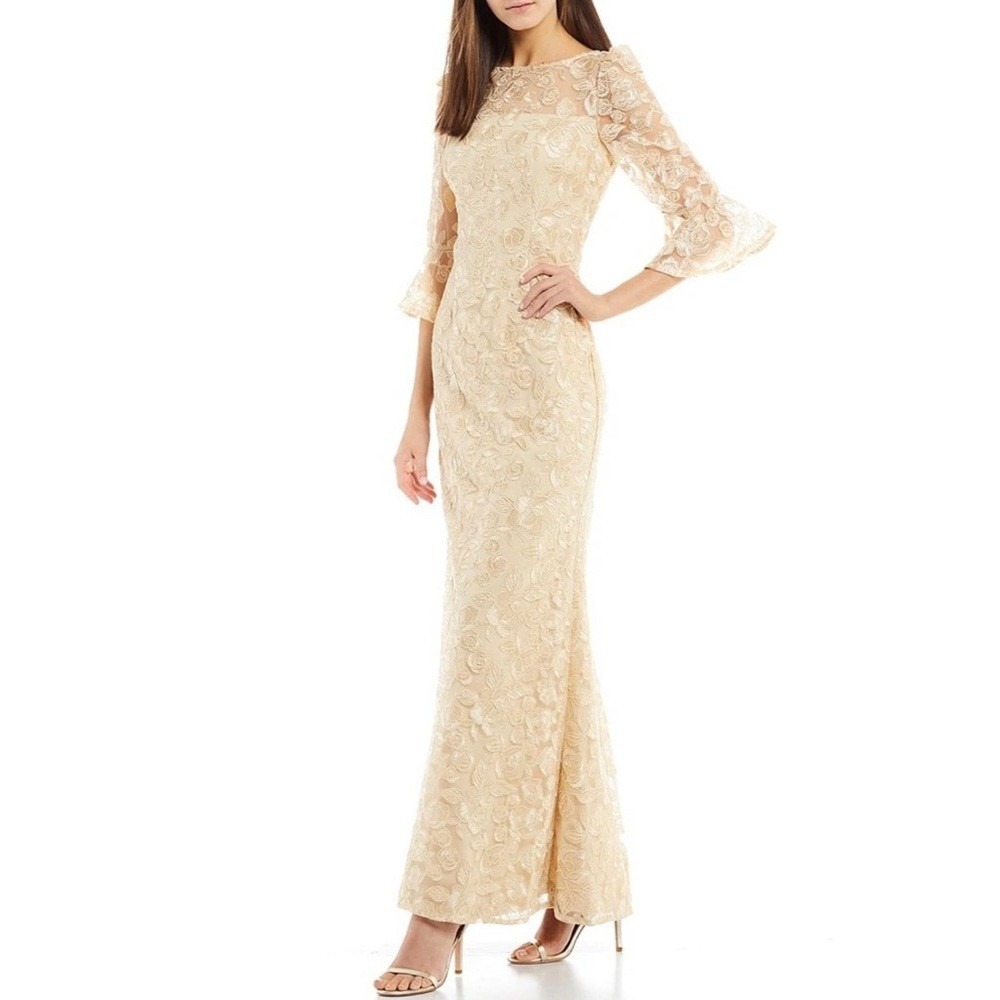 Adrianna Papell Gown NWT 6 Lace Embroidered Gold 3/4 Sleeve Wedding Guest Formal